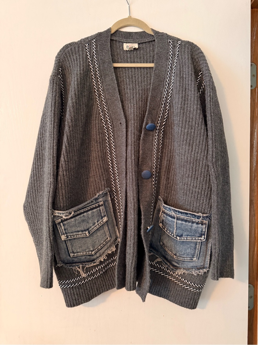 BiBi Gray Ribbed Cardigan with Distressed Denim Patch Pockets